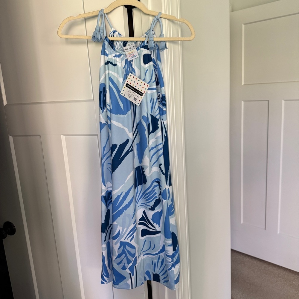 NWT Gretchen Scott Blue Sleeveless Dress Tie Shoulder Short